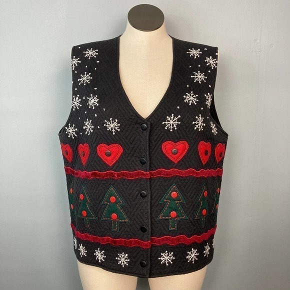 Vintage 90s Paul Harris Design Quilted Applique Americana Trees Hearts Size XL - Picture 1 of 12